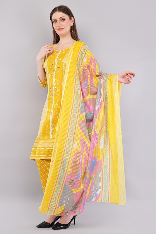 Cotton Salwar Suit with Floral Dupatta, Yellow Printed Dress Set, Traditional Indian Ethnic Wear Cotton Salwar Suit with Floral Dupatta, Yellow Printed Dress Set, Traditional Indian Ethnic Wear