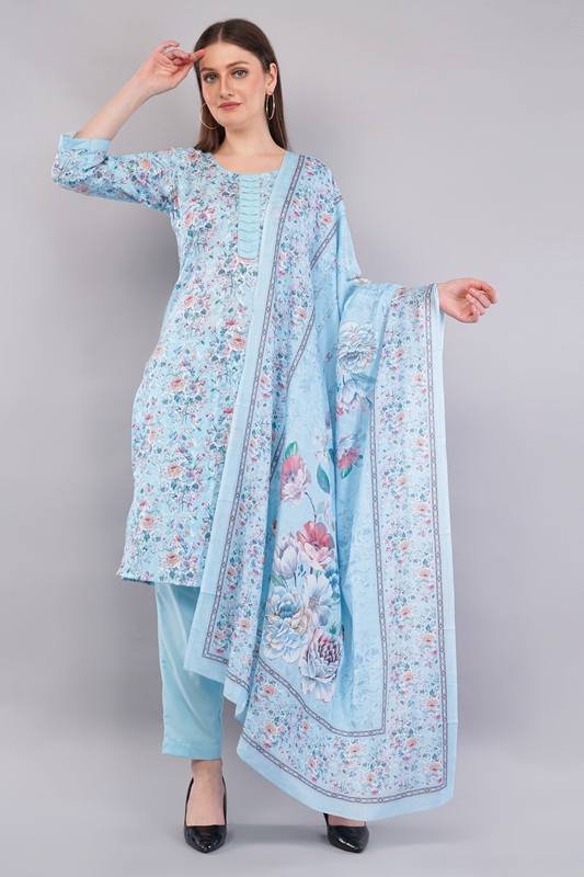 Floral Cotton Salwar Kameez with Dupatta, 3-Piece Traditional Indian Dress Set