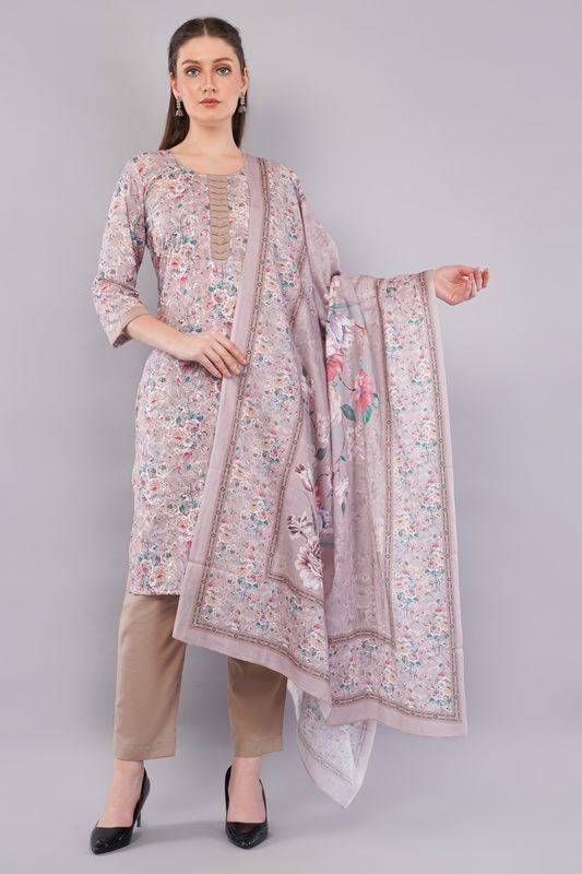 Cotton Chikan Work Salwar Suit Set, Floral Embroidery, Lilac Grey with Matching Dupatta