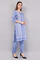 Cotton Salwar Suit Set with Printed Dupatta, Blue Striped Kurta with Polka Dot Pants Cotton Salwar Suit Set with Printed Dupatta, Blue Striped Kurta with Polka Dot Pants
