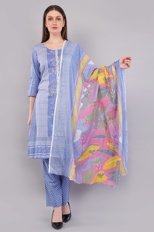 Cotton Salwar Suit Set with Printed Dupatta, Blue Striped Kurta with Polka Dot Pants