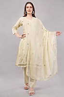 Women's Cream Cotton Salwar Suit Set with Embroidered Kurta, Pants and Dupatta, 3/4 Sleeve