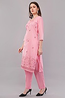 Women's Pink Embroidered Cotton Salwar Suit Set, 3/4 Sleeve Kurta with Pants and Dupatta