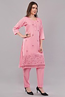 Women's Pink Embroidered Cotton Salwar Suit Set, 3/4 Sleeve Kurta with Pants and Dupatta