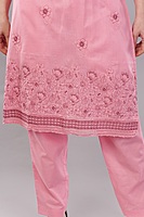 Women's Pink Embroidered Cotton Salwar Suit Set, 3/4 Sleeve Kurta with Pants and Dupatta