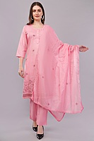 Women's Pink Embroidered Cotton Salwar Suit Set, 3/4 Sleeve Kurta with Pants and Dupatta