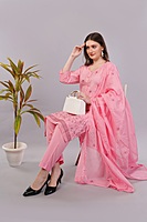 Women's Pink Embroidered Cotton Salwar Suit Set, 3/4 Sleeve Kurta with Pants and Dupatta
