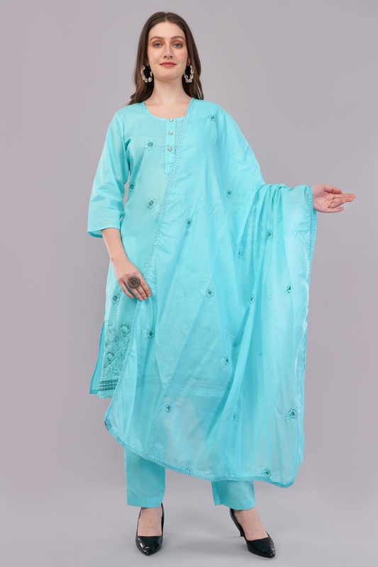 Women's Turquoise Embroidered Cotton Salwar Suit Set with Dupatta, 3-Piece Traditional Dress
