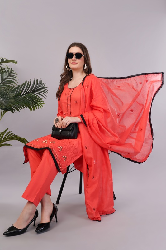 Traditional Coral Red Embroidered Salwar Suit Set with Dupatta, Black Lace Border, 3/4 Sleeve Traditional Coral Red Embroidered Salwar Suit Set with Dupatta, Black Lace Border, 3/4 Sleeve