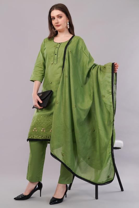 Women's Cotton Salwar Suit Set, Green Embroidered, 3-Piece with Dupatta and Black Lace Trim Women's Cotton Salwar Suit Set, Green Embroidered, 3-Piece with Dupatta and Black Lace Trim