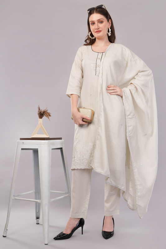 Women's Cotton Embroidered Salwar Suit Set with Dupatta, 3/4 Sleeve, Off-White