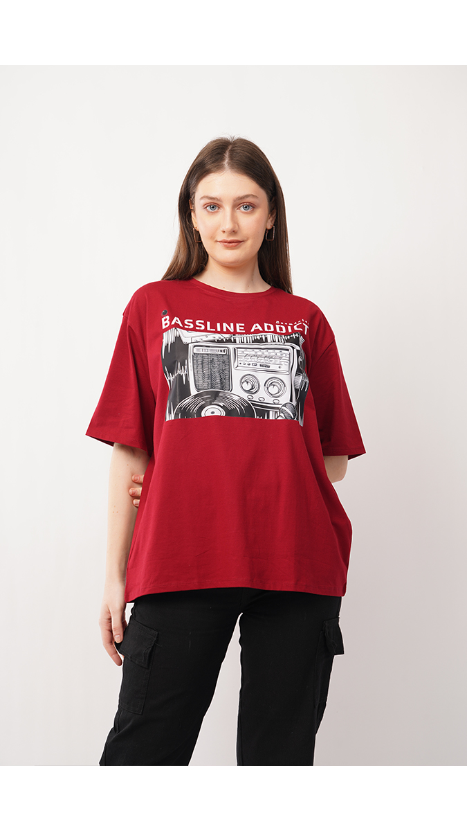 Women's Loose Fit Printed T-Shirt - Maroon | Lycra 180 GSM | Sizes S, M, L