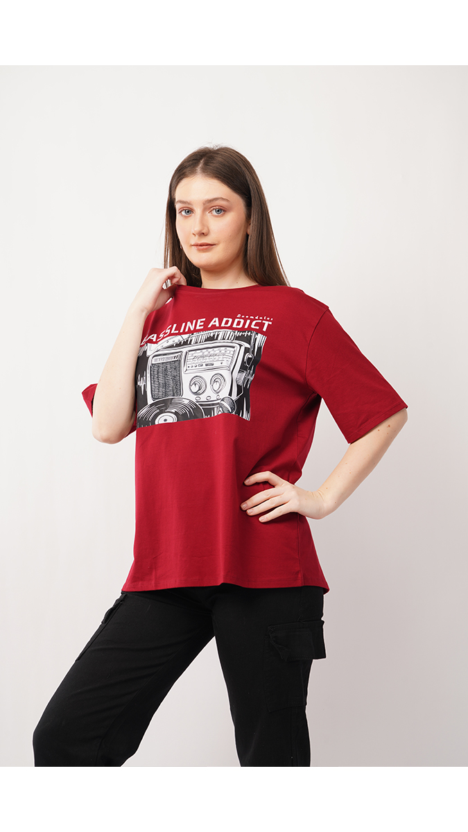 Women's Loose Fit Printed T-Shirt - Maroon | Lycra 180 GSM | Sizes S, M, L