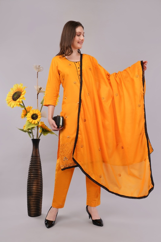 Cotton Salwar Suit with Dupatta, Orange, Embroidered, 3/4 Sleeve Cotton Salwar Suit with Dupatta, Orange, Embroidered, 3/4 Sleeve