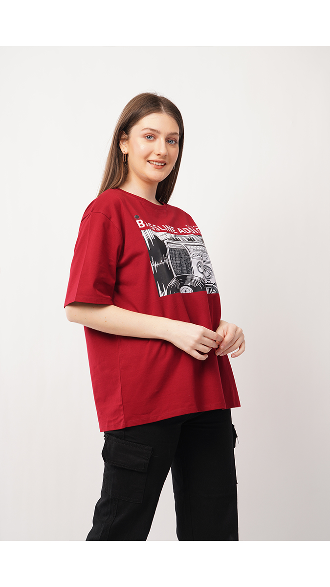 Women's Loose Fit Printed T-Shirt - Maroon | Lycra 180 GSM | Sizes S, M, L