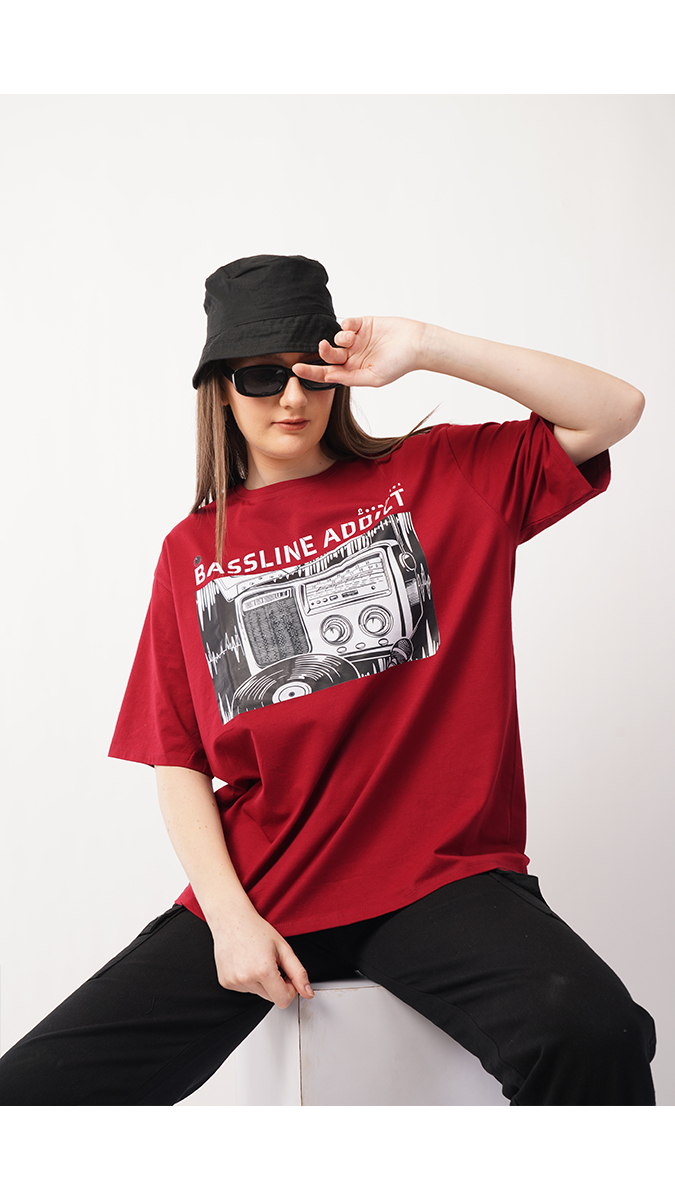 Women's Loose Fit Printed T-Shirt - Maroon | Lycra 180 GSM | Sizes S, M, L