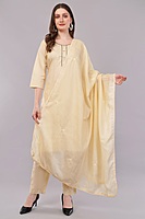 Women's Cream Embroidered Salwar Suit Set with Dupatta, 3/4 Sleeve Kurta, Traditional Ethnic Wear