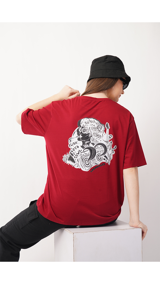 Women's Loose Fit Printed T-Shirt - Maroon | Lycra 180 GSM | Sizes S, M, L