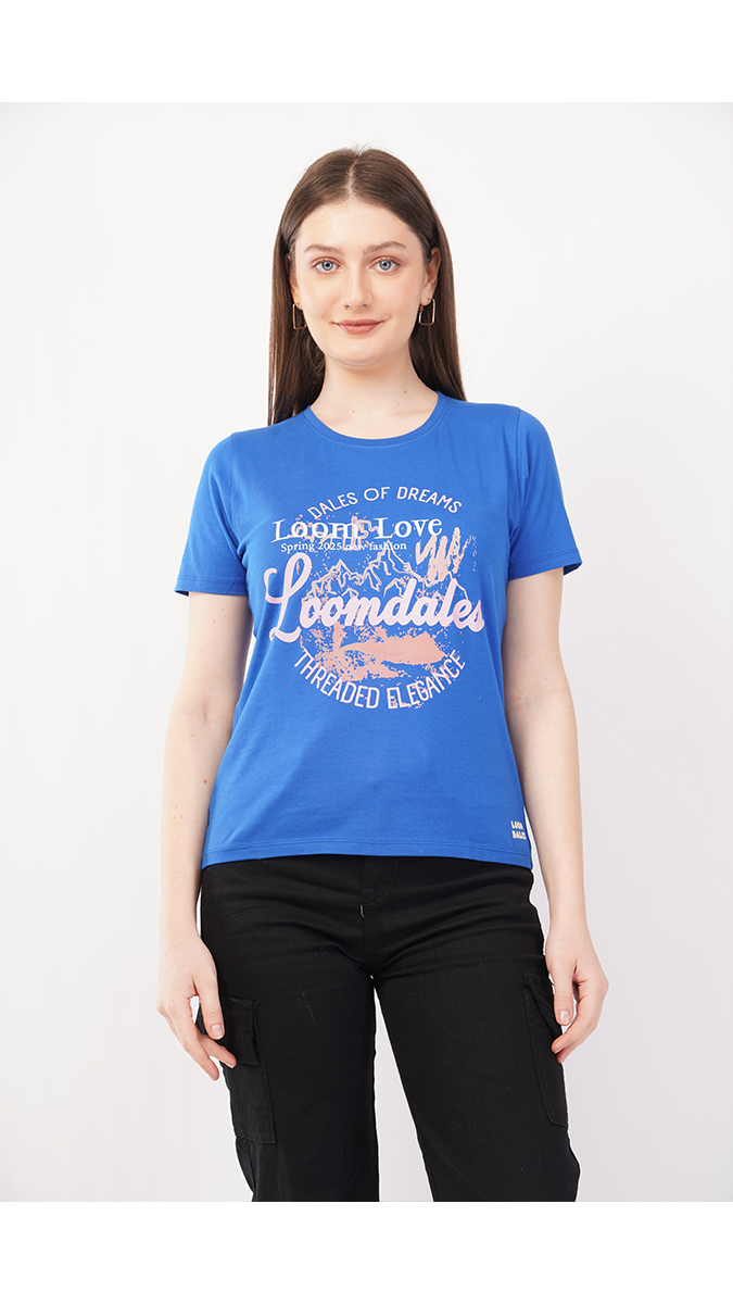 Women's Round Neck Printed T-Shirt - Royal Blue | Single Jersey 180 GSM | Sizes S, M, L