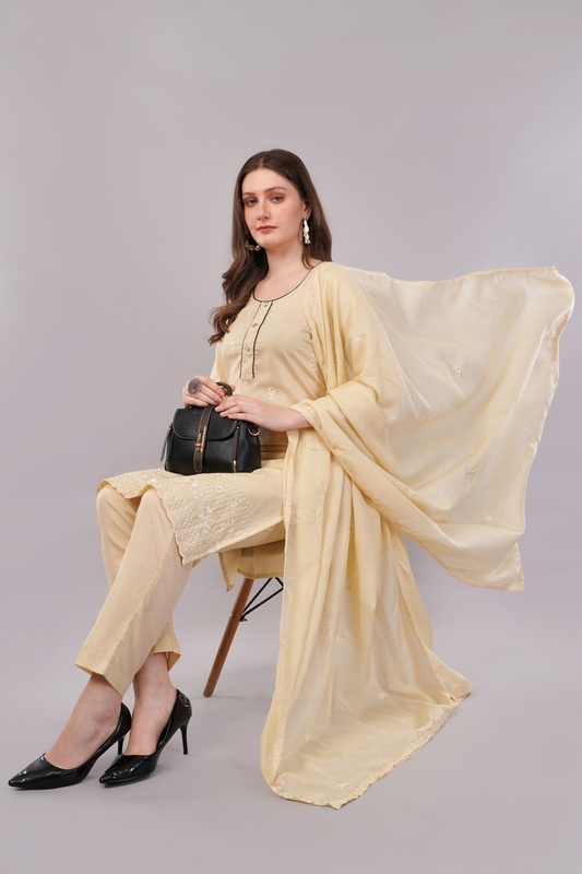 Women's Cream Embroidered Salwar Suit Set with Dupatta, 3/4 Sleeve Kurta, Traditional Ethnic Wear