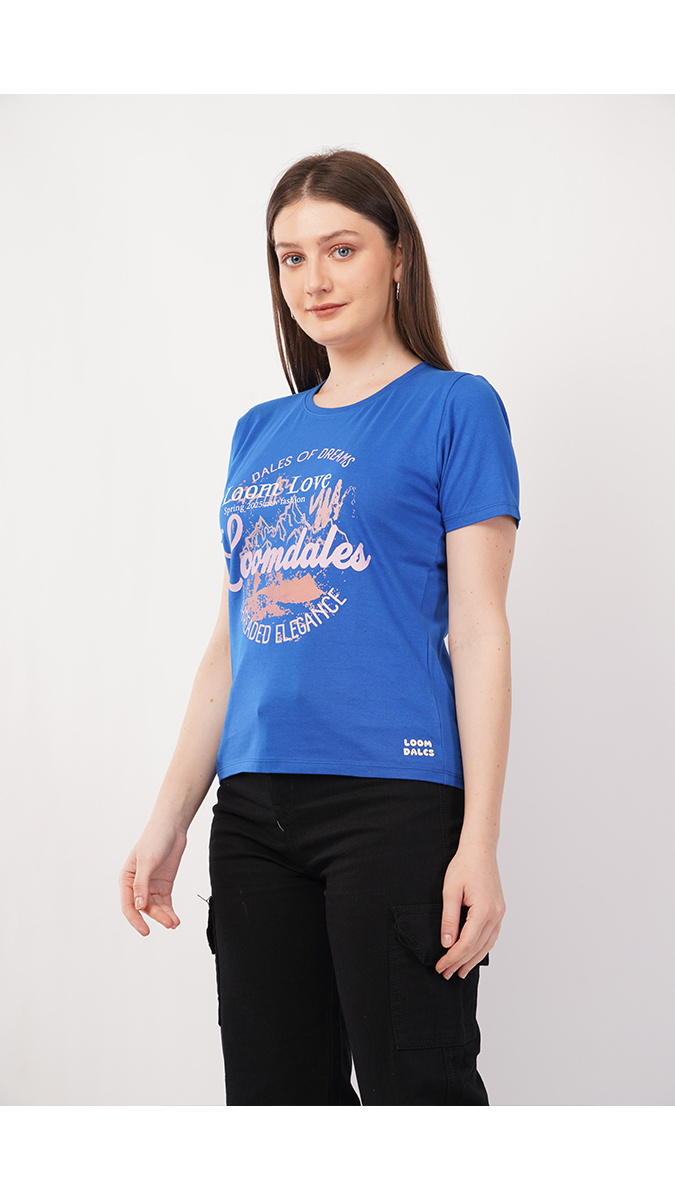 Women's Round Neck Printed T-Shirt - Royal Blue | Single Jersey 180 GSM | Sizes S, M, L