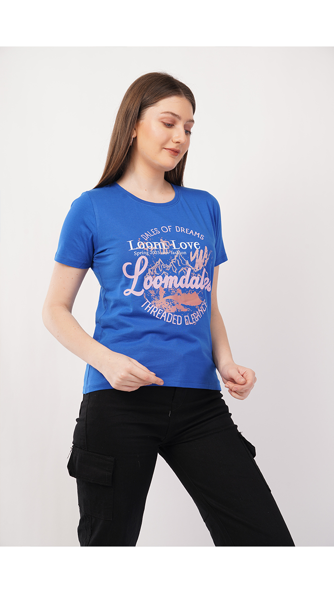 Women's Round Neck Printed T-Shirt - Royal Blue | Single Jersey 180 GSM | Sizes S, M, L