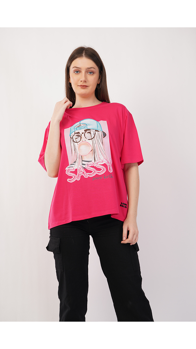 Women's Loose Fit Printed T-Shirt - Ruby Pink | Single Jersey 180 GSM | Sizes S, M, L