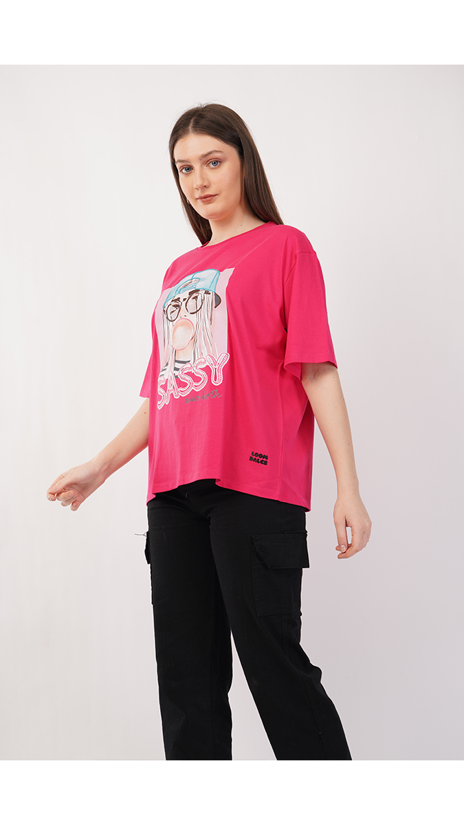 Women's Loose Fit Printed T-Shirt - Ruby Pink | Single Jersey 180 GSM | Sizes S, M, L