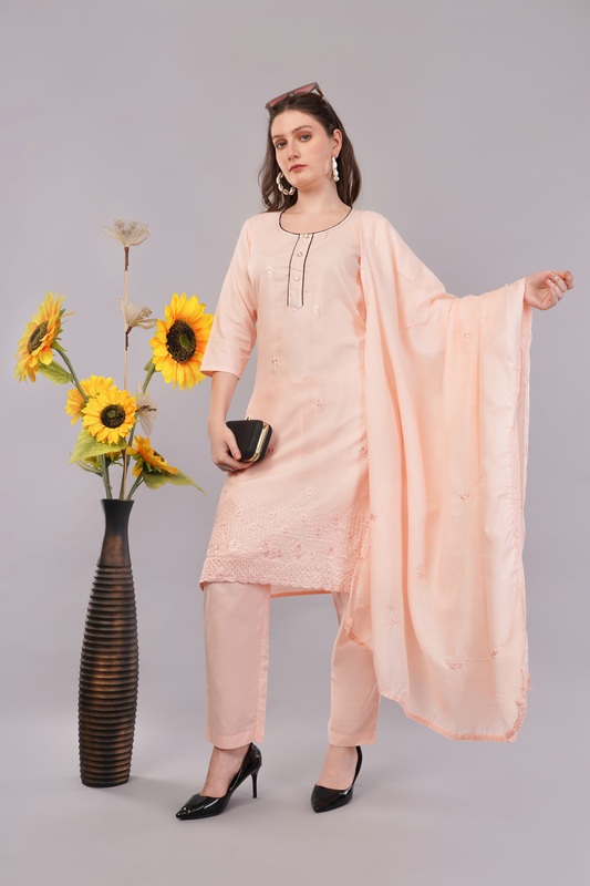 Peach Embroidered Cotton Salwar Suit Set, 3-Piece Traditional Dress with Dupatta