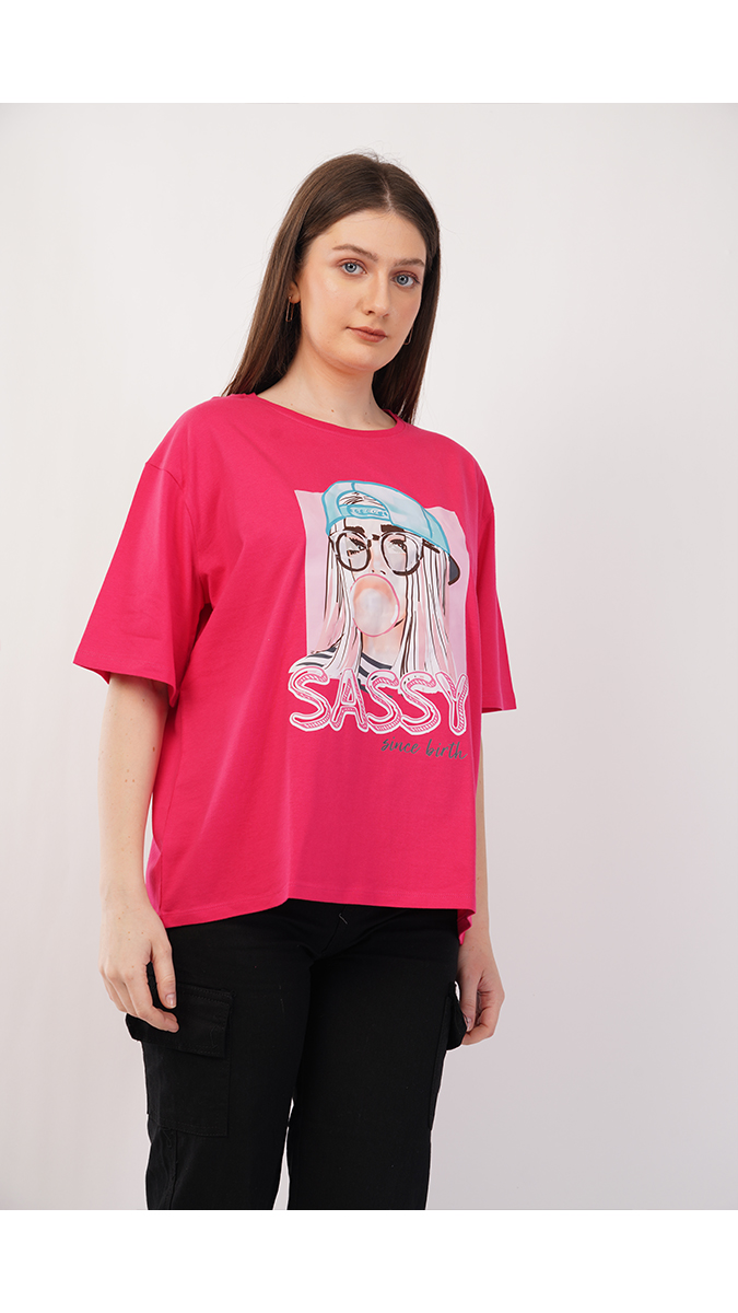 Women's Loose Fit Printed T-Shirt - Ruby Pink | Single Jersey 180 GSM | Sizes S, M, L