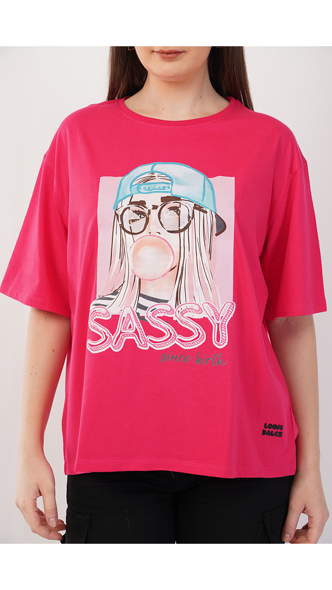 Women's Loose Fit Printed T-Shirt - Ruby Pink | Single Jersey 180 GSM | Sizes S, M, L