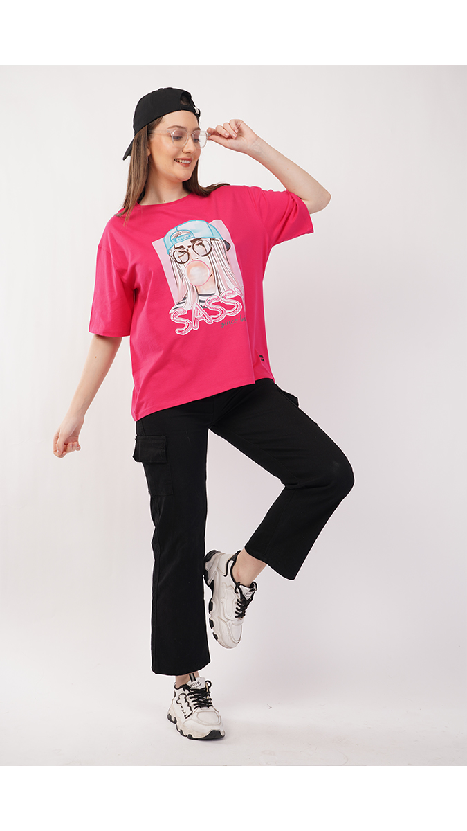 Women's Loose Fit Printed T-Shirt - Ruby Pink | Single Jersey 180 GSM | Sizes S, M, L