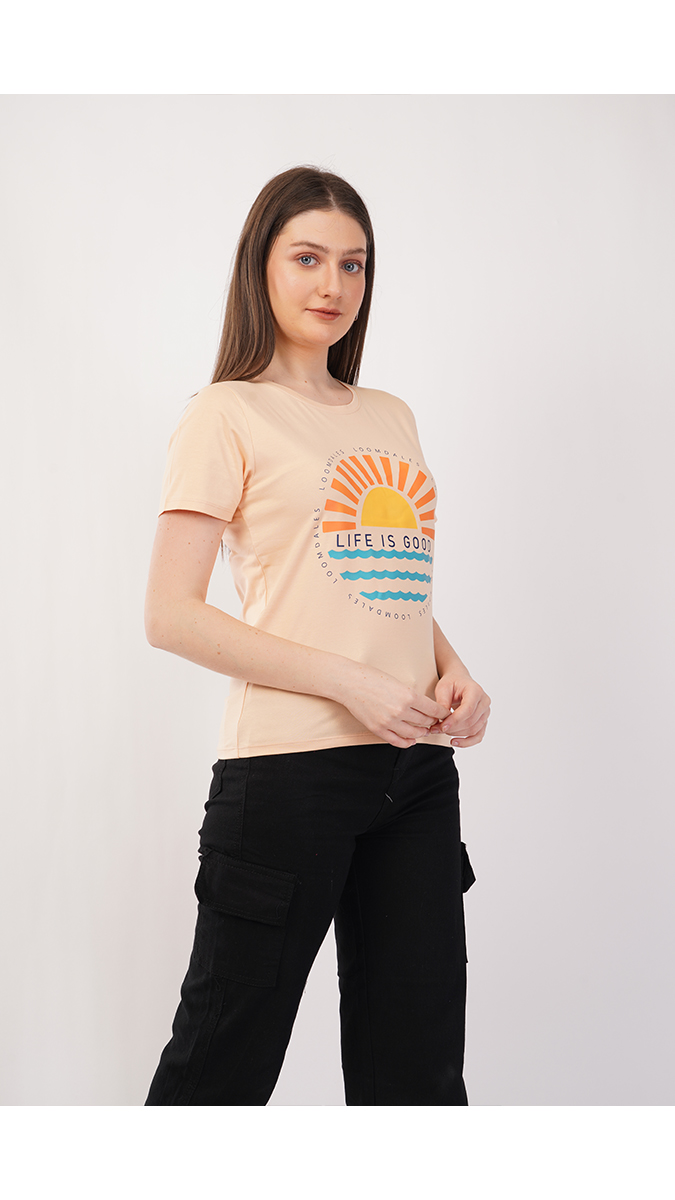 Women's Round Neck Printed T-Shirt - Ivory | Lycra 180 GSM | Sizes S, M, L
