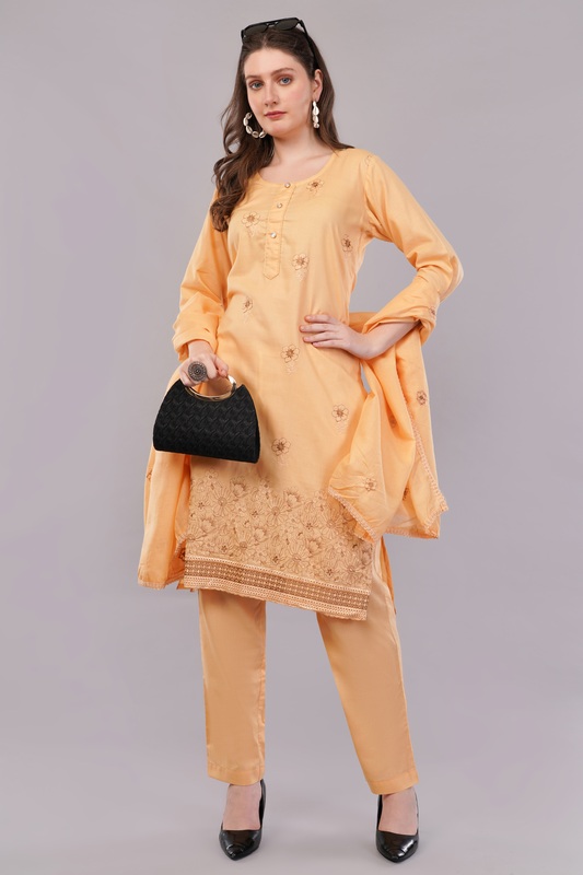 Women's Peach Embroidered Cotton Salwar Suit Set with Dupatta, Long Sleeves, 3 Piece Traditional Dress