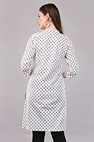 Cotton Printed Kurti, 3/4 Sleeve, White with Geometric Pattern, Mandarin Collar