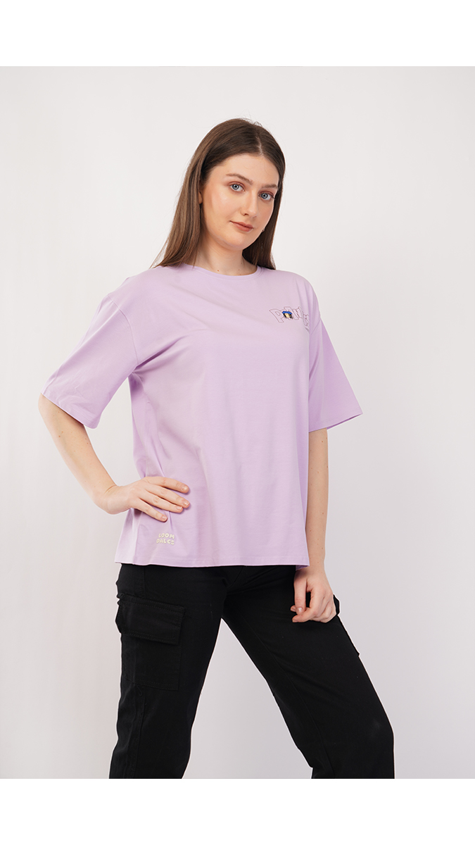 Women's Loose Fit Printed T-Shirt - Lilac | Lycra 180 GSM | Sizes S, M, L