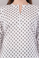 Cotton Printed Kurti, 3/4 Sleeve, White with Geometric Pattern, Mandarin Collar