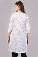 Women's Floral Print Cotton Kurti, 3/4 Sleeve, White with Purple Pattern