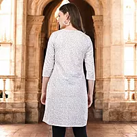 Women's Floral Print Cotton Kurti, 3/4 Sleeve, White with Purple Pattern