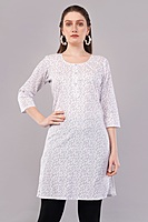 Women's Floral Print Cotton Kurti, 3/4 Sleeve, White with Purple Pattern