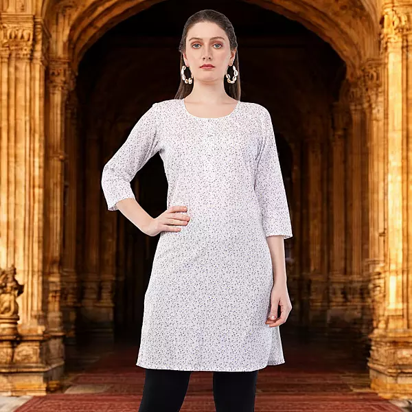 Women's Floral Print Cotton Kurti, 3/4 Sleeve, White with Purple Pattern