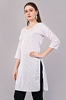 Women's Floral Print Cotton Kurti, 3/4 Sleeve, White with Purple Pattern