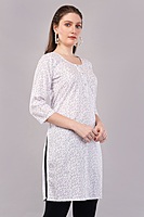 Women's Floral Print Cotton Kurti, 3/4 Sleeve, White with Purple Pattern