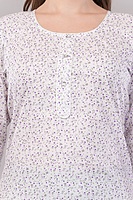 Women's Floral Print Cotton Kurti, 3/4 Sleeve, White with Purple Pattern