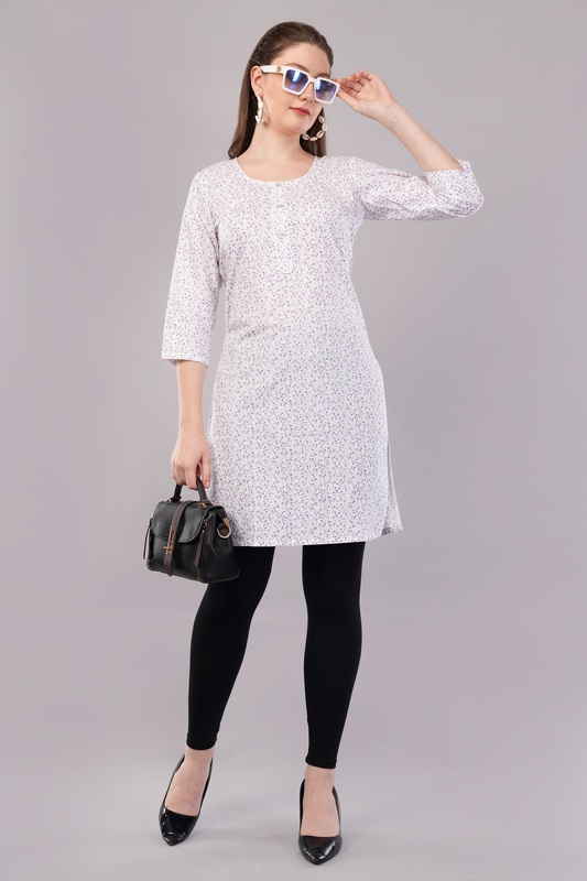 Women's Floral Print Cotton Kurti, 3/4 Sleeve, White with Purple Pattern