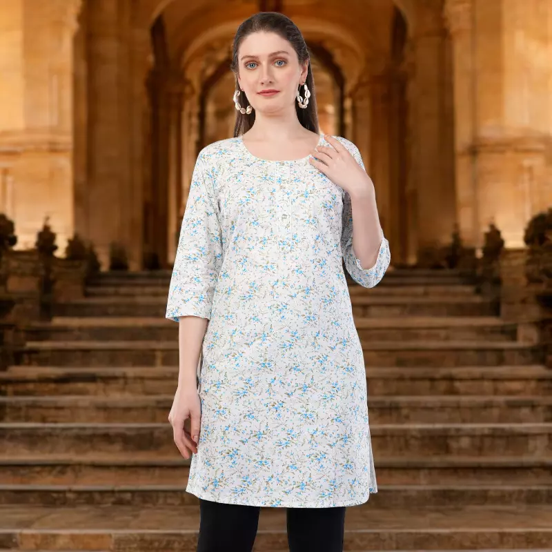 Women's Cotton Floral Print Kurti, 3/4 Sleeve, White with Blue Flowers