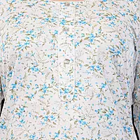 Women's Cotton Floral Print Kurti, 3/4 Sleeve, White with Blue Flowers