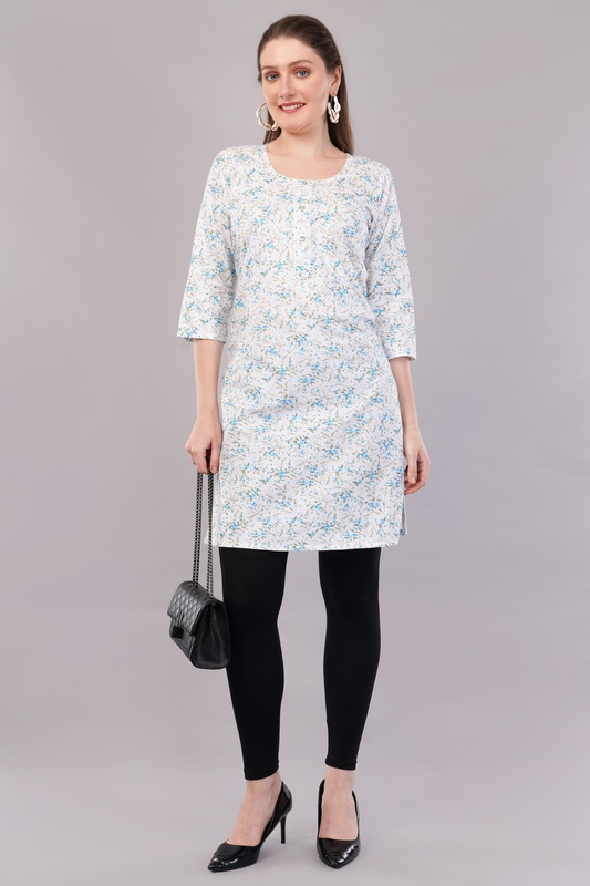 Women's Cotton Floral Print Kurti, 3/4 Sleeve, White with Blue Flowers