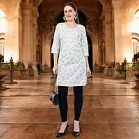 Women's Cotton Floral Print Kurti, 3/4 Sleeve, White with Blue Flowers