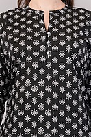 Women's Printed Cotton Kurti, 3/4 Sleeve, Black and White Floral Pattern, Casual Wear